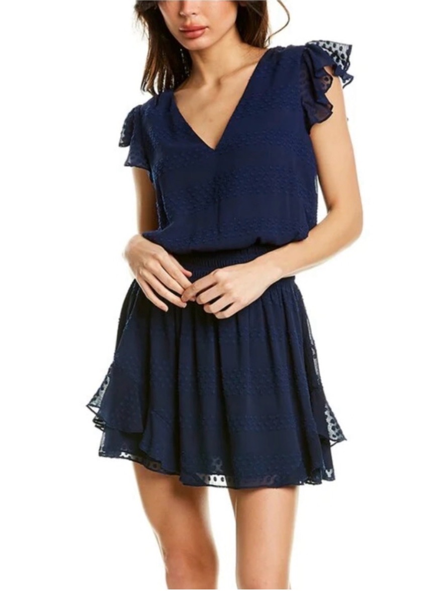 Ramy Brook Simona Swiss Dot Smocked Waist Blouson Ruffle Mini Dress Navy Size M